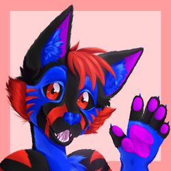  1:1 ambiguous_gender anthro biped black_body black_fur black_sclera blue_body blue_fur blue_inner_ear_fluff blue_nose border bust_portrait cheek_tuft colorful_theme countershade_neck countershade_torso countershading digital_media_(artwork) facial_markings facial_tuft fingerless_(marking) front_view fur gesture head_markings hi_res inner_ear_fluff mammal markings natt333 nude open_mouth pawpads pink_background pink_border pink_pawpads portrait raised_hand red_eyes red_markings red_tuft sharp_teeth simple_background solo sparklefur teeth tuft waving waving_at_viewer 