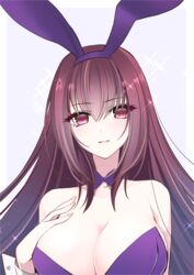  animal_ears bare_shoulders blush breasts cleavage collarbone commentary_request detached_collar eyelashes fate/grand_order fate_(series) female hand_on_own_chest highres large_breasts leotard long_hair looking_at_viewer official_alternate_costume parted_lips playboy_bunny purple_hair purple_leotard rabbit_ears red_eyes scathach_(fate) scathach_(piercing_bunny)_(fate) simple_background smile sparkle suzukimadaka white_background 