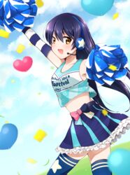  arm_up arms_up bare_shoulders blue_hair blue_thighhighs blush cheering cheerleader commentary_request cowboy_shot crop_top elbow_gloves female from_side gloves hair_between_eyes headset highres long_hair looking_at_viewer love_live! love_live!_school_idol_project midriff misora_deco navel polka_dot polka_dot_skirt pom_pom_(cheerleading) skirt smile solo sonoda_umi striped_clothes striped_gloves takaramonozu thighhighs yellow_eyes 