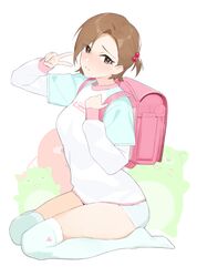  absurdres backpack bag blush breasts brown_hair commentary_request female highres idolmaster idolmaster_cinderella_girls large_breasts looking_at_viewer mizuki_seira onao one_side_up pina_korata pink_bag raglan_sleeves randoseru seiza short_shorts shorts sitting solo thighhighs v 