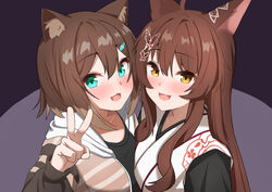  2girls :3 ahoge animal_ear_fluff animal_ears asymmetrical_docking black_shirt blush breast_press brown_hair butterfly_hair_ornament cat_ears cat_girl commentary_request commission fish_hair_ornament fox_ears fox_girl fumi_(1st_costume)_(nijisanji) fumi_(nijisanji) fumino_tamaki fumino_tamaki_(1st_costume) green_eyes hair_between_eyes hair_ornament hood hoodie japanese_clothes kimono long_hair long_sleeves looking_at_viewer medium_hair mitarashinejiri multiple_girls nijisanji open_clothes open_hoodie open_mouth shirt short_hair skeb_commission smile striped_clothes striped_hoodie tongue v very_long_hair virtual_youtuber white_kimono yellow_eyes 