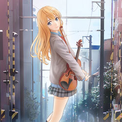  bad_id bad_pixiv_id blonde_hair blue_shirt cherry_blossoms city closed_mouth collar collared_shirt commentary_request d.r_(liu1029367675) female grey_jacket hair_between_eyes highres holding holding_instrument holding_violin instrument jacket long_hair long_sleeves looking_at_viewer miyazono_kawori necktie own_hands_together photoshop_(medium) red_necktie school_uniform shigatsu_wa_kimi_no_uso shirt skirt smile solo standing uniform violin 