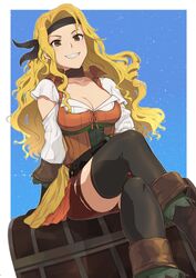  absurdres alternate_costume ao_(aocooler) black_thighhighs blonde_hair boots breasts brigid_(fire_emblem) brigid_(pirate)_(fire_emblem) brown_eyes choker cleavage commission crossed_legs dress female fire_emblem fire_emblem:_genealogy_of_the_holy_war fire_emblem_heroes headband highres long_hair looking_at_viewer pirate protected_link shorts shorts_under_skirt simple_background sitting smile solo thighhighs torn_clothes torn_thighhighs treasure_chest wavy_hair 