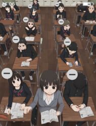  6+boys 6+girls black_coat black_hair black_sailor_collar black_shirt book brown_hair chair classroom coat collared_shirt commentary desk eating eating_during_class fake_screenshot food fruit gakuran glasses grey_jacket highres indoors jacket long_sleeves multiple_boys multiple_girls neckerchief open_book original pointing red_neckerchief round_eyewear sailor_collar school school_desk school_uniform serafuku shirt short_hair sitting teacher user_interface watermelon white_shirt yajirushi_(chanoma) 