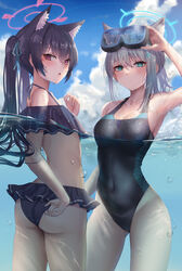  2girls animal_ear_fluff animal_ears armpits ass bare_shoulders bikini black_bikini black_hair black_one-piece_swimsuit blue_archive blue_eyes blue_ribbon blue_sky blush breasts bubble cat_ears cat_girl collarbone commentary covered_navel cowboy_shot cross_hair_ornament day extra_ears frilled_bikini frills goggles goggles_on_head grey_hair hair_ornament hair_ribbon halo hand_on_goggles highleg highleg_swimsuit highres long_hair looking_at_viewer medium_breasts medium_hair multiple_girls off-shoulder_bikini off_shoulder official_alternate_costume one-piece_swimsuit open_mouth outdoors red_eyes ribbon satou_aji serika_(blue_archive) serika_(swimsuit)_(blue_archive) shiroko_(blue_archive) shiroko_(swimsuit)_(blue_archive) sky small_breasts swimsuit thighs twintails very_long_hair wading wet wolf_ears 