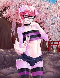  absurd_res anthro bulge cherry cherry_blossom clothed clothing crossdressing english_text eyewear femboy flower food fruit fur glasses hair hi_res male pink_hair plant prunus_(flower) smile solo sparkittyart text 