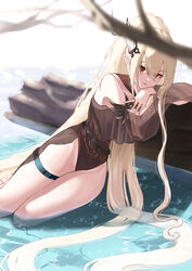  absurdres aoi_tooru arknights arm_support bare_shoulders belt black_one-piece_swimsuit blonde_hair branch casual_one-piece_swimsuit closed_mouth female hair_spread_out highres horns infection_monitor_(arknights) log long_hair looking_at_viewer one-piece_swimsuit pointy_ears ponytail reclining red_eyes see-through shallow_water shining_(arknights) shining_(silent_night)_(arknights) simple_background smile solo swimsuit swimsuit_cover-up thighlet thighs very_long_hair water white_background 