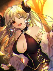  alba_(granblue_fantasy) arumu bare_shoulders black_dress blonde_hair breasts butterfly_earrings choker chromatic_aberration cleavage cleavage_cutout clothing_cutout collarbone commentary_request draph dress earrings feather_boa female granblue_fantasy horns jewelry large_breasts long_hair looking_at_viewer one_eye_closed open_mouth pointy_ears red_eyes sleeveless sleeveless_dress smile solo wristband 