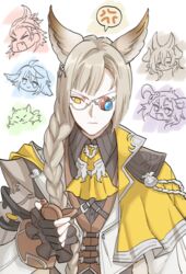  1boy anger_vein animal_ears ascot asymmetrical_bangs black_gloves black_shirt braid braided_ponytail capelet chibi chibi_inset collared_shirt commentary_request erune ewiyar_(granblue_fantasy) fediel_(granblue_fantasy) feline fingerless_gloves frown galleon_(granblue_fantasy) glasses gloves granblue_fantasy grey_hair jacket lu_woh_(granblue_fantasy) male_focus pocket_watch rishiya shirt side_ponytail solo_focus spoken_anger_vein upper_body v-shaped_eyebrows vest wamdus_(granblue_fantasy) watch white_jacket wilnas_(granblue_fantasy) yellow_ascot yellow_eyes 