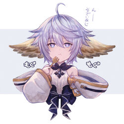  :t ahoge animal_ears blue_bow bow collared_dress commentary_request cropped_torso detached_sleeves dress female flat_chest fork granblue_fantasy harvin holding holding_fork looking_at_viewer numahidoi purple_eyes purple_hair sleeveless sleeveless_dress solo sound_effects translation_request upper_body wamdus_(granblue_fantasy) 