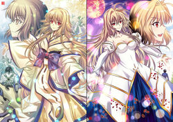  2boys 2girls ahoge archetype_earth arcueid_brunestud bare_shoulders blonde_hair breasts character_request cleavage commentary detached_sleeves dress full_moon girl_of_the_moon_(tsuki_no_sango) hair_intakes highres japanese_clothes karaginu_mo kimono large_breasts layered_clothes layered_kimono light_particles long_hair long_sleeves looking_up moon multiple_boys multiple_girls photoshop_(medium) red_eyes riyun_(halodark) seashell shell short_hair smile strapless strapless_dress tohno_shiki tree tsuki_no_sango tsukihime very_long_hair wood 