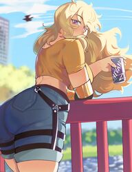  absurdres ass bent_over blonde_hair blue_shorts blue_sky breasts can commentary crop_top day denim drink_can female from_behind hentaly highres large_breasts long_hair looking_at_viewer looking_back mechanical_arms o-ring outdoors park prosthesis prosthetic_arm purple_eyes railing rwby shorts single_mechanical_arm sky soda_can solo symbol-only_commentary wind wind_lift yang_xiao_long 