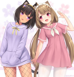  2girls :d animal_ears black_hair breasts brown_hair cat_ears cat_girl cat_tail checkerboard_cookie_hair_ornament commentary_request cookie_hair_ornament cowboy_shot dress egyptian_cat_(sasaame) fishnet_pantyhose fishnets floral_background food-themed_hair_ornament hair_ornament hands_in_pockets heads_together ice_cream_hair_ornament long_hair long_sleeves medium_breasts medium_hair multiple_girls neckerchief oerba_yun_fang original pantyhose pink_dress purple_eyes red_eyes sailor_collar sasaame short_sleeves skin_fang smile tail torte_(sasaame) twintails very_long_hair white_legwear white_neckerchief 