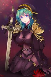  aqua_hair artist_name blue_eyes blurry bodystocking breasts byleth_(female)_(fire_emblem) byleth_(fire_emblem) closed_mouth cosplay covered_navel depth_of_field fate/grand_order fate_(series) female fire_emblem fire_emblem:_three_houses flower highres holding holding_sword holding_weapon jewelry large_breasts looking_at_viewer medium_hair scathach_(fate) scathach_(fate)_(cosplay) seiza sitting solo spider_lily sword sword_of_the_creator vanilla_tea-er veil weapon 