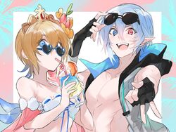  1boy abs adjusting_eyewear bandeau bare_shoulders bikini black_gloves blonde_hair blue_eyes blue_hair breasts cleavage cocktail_glass crazy_straw cup drinking drinking_glass drinking_straw europa_(granblue_fantasy) europa_(summer)_(granblue_fantasy) female fingerless_gloves gloves gradient_hair granblue_fantasy grimnir_(granblue_fantasy) heart heart-shaped_eyewear heterochromia highres holding holding_cup hood hooded_jacket jacket looking_over_eyewear multicolored_hair pointy_ears reaching reaching_towards_viewer red_eyes short_hair sidelocks sleeveless sleeveless_jacket small_breasts sunglasses swimsuit teeth tiara upper_body upper_teeth_only v white_bikini yakota_(usuk-yako) 