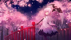  18_(backstreetno18) bare_legs blank_stare blurry blurry_background bridge cherry_blossoms commentary duel_monster female ghost_reaper_&amp;_winter_cherries hair_ornament holding holding_scythe japanese_clothes kimono long_hair looking_afar low_twintails night night_sky outdoors petals pink_hair pink_kimono railing red_eyes sash scythe sky solo star_(sky) starry_sky torn_clothes torn_kimono tree twintails wide_sleeves yu-gi-oh! 