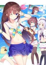  3girls ;o absurdres ahoge ankimo_(tokino_sora) aqua_eyes arm_up armpits azur_lane bare_shoulders barefoot beret bikini bird black_gloves black_thighhighs blue_eyes blue_skirt blue_sky breasts brown_hair brown_thighhighs capelet chick choker collarbone commentary_request crop_top day fingerless_gloves gloves groin hair_flaps hair_ornament hair_ribbon hairclip hat highres hololive leg_up long_hair looking_at_another looking_at_viewer looking_back manjuu_(azur_lane) medium_breasts midriff miniskirt multiple_girls murasaki_shion natsuiro_matsuri navel neckerchief notice_lines ocean official_alternate_costume one_eye_closed orange_eyes orange_shirt outdoors pleated_skirt ribbon sailor_bikini sailor_collar shirt side_ponytail sidelocks skirt sky sleeveless sleeveless_shirt standing standing_on_one_leg star_(symbol) star_hair_ornament stomach sunglasses swimsuit t@ke-g thighhighs tokino_sora tokino_sora_(hololive_summer_2019) very_long_hair viewfinder virtual_youtuber w white_bikini white_hair white_sailor_collar white_shirt white_skirt zettai_ryouiki 