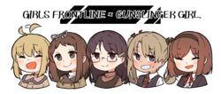  5girls :d ahoge ahoge_wag amonitto angelica_(gunslinger_girl) blonde_hair blush bob_cut brown_eyes brown_hair claes closed_eyes commentary_request cropped_torso expressive_hair girls&#039;_frontline glasses grin gunslinger_girl hair_ribbon hairband headgear henrietta_(gunslinger_girl) multiple_girls necktie open_mouth ribbon rico_(gunslinger_girl) smile triela twintails upper_body white_background 