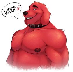  2021 abs anthro bedroom_eyes biceps black_nose canid canine canis clifford_(red_dog) clifford_the_big_red_dog collar dialogue domestic_dog fur half-length_portrait heart_symbol hi_res icon looking_at_viewer male mammal musclegut muscular muscular_anthro muscular_male narrowed_eyes nipples onomatopoeia open_mouth open_smile pecs portrait red_body red_fur red_nipples seductive simple_background smile solo sound_effects teeth text thediyemi triceps white_background 