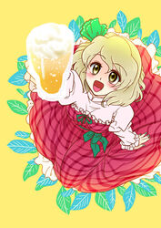  alcohol beer beerko blonde_hair blush bow commentary_request cup dress drinking_glass female frilled_dress frills green_nails green_ribbons hair_ribbon happy holding leaf long_sleeves myouga_teien one-hour_drawing_challenge open_mouth original plaid puffy_long_sleeves puffy_sleeves purple_dress ribbon shirt short_hair simple_background solo strapless strapless_dress yellow_eyes 