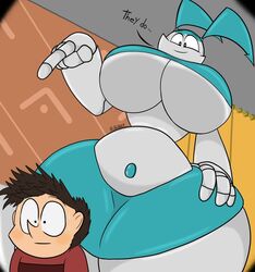  1boy 1boy1girl 1girls bathroom big_breasts blush dialogue gigigo huge_breasts huge_thighs jenny_wakeman my_life_as_a_teenage_robot nickelodeon smooth_skin sweat talking_to_another text thick_thighs tuck_carbunkle underboob wide_hips xj-9 