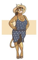  anthro bovid bovine breasts chest_tuft cleavage clothed clothing cow_horns female fur furry furry_only hands_on_hips hips hooves horns horns_through_headwear molly_(slightlysimian) pink_nose simple_background sleeveless_dress slightlysimian solo spotted_clothing spotted_dress sun_hat tail 