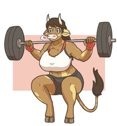  anthro big_breasts bovid bovine breasts chest_tuft clothed clothing cow_horns excercise female fingerless_gloves fur furry furry_only horns molly_(slightlysimian) pink_nose shorts simple_background slightlysimian solo sports_bra squatting tail thick_thighs visible_breath weightlifting weights working_out workout workout_clothes 