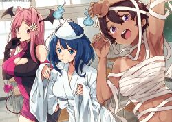  3girls absurdres arm_up armpits bandages bare_shoulders bat_wings black_gloves blue_eyes blue_hair breasts brown_hair cleavage cleavage_cutout clothing_cutout collarbone dark-skinned_female dark_skin demon_tail dress fake_head_wings fake_tail flower ghost_costume gloves hair_flower hair_intakes hair_ornament halloween_costume hand_up hands_up head_wings heart_cutout highres himemiya_karen hitodama imigimuru indoors japanese_clothes kimono large_breasts leaning_forward looking_at_viewer make_heroine_ga_oo_sugiru! medium_breasts medium_hair mouth_hold multiple_girls mummy_costume navel novel_illustration official_art open_mouth pink_eyes pink_hair purple_eyes right-over-left_kimono round_teeth shiroshouzoku short_hair smile tail tan tanlines teeth textless_version triangular_headpiece two-tone_dress upper_body upper_teeth_only white_kimono wide_sleeves window wings yakishio_lemon yanami_anna 