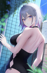  absurdres alternate_costume bare_shoulders black_one-piece_swimsuit blue_eyes breasts colored_inner_hair commentary_request cowboy_shot day female from_behind gradient_eyes grey_hair hair_between_eyes highres honkai:_star_rail honkai_(series) looking_at_viewer medium_breasts multicolored_eyes multicolored_hair one-piece_swimsuit outdoors purple_eyes red_hair sakuno_(sksk_sakuno) short_hair solo streaked_hair swimsuit topaz_(honkai:_star_rail) towel 