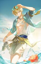  1boy absurdres adjusting_eyewear aqua-tinted_eyewear aqua_shirt arm_up artist_name aventurine_(honkai:_star_rail) aventurine_(waveflair)_(honkai:_star_rail) blonde_hair bracelet commentary_request cowboy_shot ear_piercing earrings eyewear_on_head flower hair_between_eyes highres holding holding_unworn_sandals honkai:_star_rail honkai_(series) hush_(xoxo_hush) jewelry looking_at_viewer male_focus neck_tattoo necklace official_alternate_costume one_eye_closed open_clothes open_shirt outdoors piercing ring sandals shirt short_hair shorts smile solo tattoo tinted_eyewear unworn_sandals wading water white_shorts 