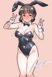  absurdres animal_ear_hairband animal_ears bare_shoulders black_bow black_bowtie black_hair black_hairband black_leotard blush bow bowtie braid braided_bun breasts bunny_day collarbone commentary_request covered_navel detached_collar double_v fake_animal_ears female full-face_blush furaggu_(frag_0416) grey_eyes groin hair_bun hair_ornament hairband hairclip highleg highleg_leotard highres kantai_collection large_breasts leotard myoukou_(kancolle) playboy_bunny rabbit_ear_hairband rabbit_ears short_hair solo strapless strapless_leotard thighs traditional_bowtie v white_wrist_cuffs wrist_cuffs 