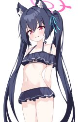  :3 absurdres animal_ear_fluff animal_ears arm_behind_back bare_shoulders bikini black_bikini black_hair black_skirt blue_archive blue_ribbon bluetea1024 blush breasts cat_ears cat_girl closed_mouth collarbone commentary cowboy_shot double-parted_bangs extra_ears female frilled_skirt frills furrowed_brow hair_between_eyes hair_ribbon halo highres legs_together long_hair looking_at_viewer medium_breasts navel oerba_yun_fang off-shoulder_bikini off_shoulder official_alternate_costume pink_halo red_eyes ribbon ruffle_bikini serika_(blue_archive) serika_(swimsuit)_(blue_archive) simple_background skirt smile solo split_mouth standing stomach straight_hair swimsuit thighs tsurime twintails v-shaped_eyebrows very_long_hair white_background 