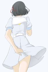  black_hair blunt_ends commentary_request dress female flower flower_knot from_behind hair_flower hair_ornament hand_on_own_ass hasu_no_sora_school_uniform highres llkapital love_live! love_live!_hasu_no_sora_jogakuin_school_idol_club momose_ginko neckerchief pleated_dress puffy_short_sleeves puffy_sleeves sailor_collar sailor_dress school_uniform short_dress short_hair short_sleeves simple_background solo summer_uniform virtual_youtuber white_background white_dress white_flower white_sailor_collar yellow_neckerchief 