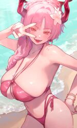  absurdres bare_shoulders beach bikini blue_archive blush bracelet breasts cleavage collarbone commentary_request day earrings fangs female fingernails flower hair_flower hair_intakes hair_ornament highres hoop_earrings horns huge_breasts jewelry long_hair looking_at_viewer mole mole_on_breast nail_polish navel ocean open_mouth outdoors partial_commentary pink_eyes pink_hair pink_nails red_bikini red_horns ring sand satsuki_(blue_archive) satsuki_(swimsuit)_(blue_archive) smile solo stomach swimsuit teeth thighs ubo_(ubo_tales) v v_over_eye yellow_eyes yellow_flower 