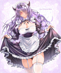  absurdres alternate_costume apron black_corset black_dress blush breasts camilla_(fire_emblem) cleavage cleavage_cutout clothing_cutout commentary_request corset dress fake_horns female fire_emblem fire_emblem_fates garter_straps hair_ornament hair_over_one_eye highres holding_own_dress horns huge_breasts long_hair long_sleeves looking_at_viewer maid maid_apron maid_headdress parted_lips pink_eyes purple_hair skindentation solo thick_thighs thighhighs thighs tiara very_long_hair wade_(njud8343) wavy_hair white_apron white_garter_straps white_headdress white_thighhighs 