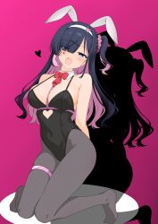  absurdres animal_ears arms_behind_back belt black_leotard black_pantyhose blue_hair bow bowtie breasts bunny_day clothing_cutout collarbone colored_inner_hair commentary cosplay detached_collar facial_mark fake_animal_ears female fishnet_pantyhose fishnets hair_ornament hair_over_one_eye hairband heart heart_cutout highres k_suke2nd kneeling leotard long_hair looking_at_viewer multicolored_hair necktie no_shoes open_mouth original pantyhose pink_background pink_belt pink_hair playboy_bunny rabbit_ears rabbit_hair_ornament rabbit_hole_(vocaloid) red_bow red_bowtie red_necktie shadow short_necktie solo teardrop_facial_mark thigh_belt thigh_strap two-tone_hair white_hairband x_hair_ornament 