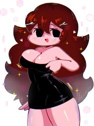  :3 :d absurdres alternate_costume black_dress black_eyes breasts brown_hair cleavage commentary dress female friday_night_funkin' girlfriend_(friday_night_funkin') highres large_breasts long_hair looking_at_viewer n0desi1 open_mouth sleeveless sleeveless_dress smile solo untranslatable_commentary very_long_hair 
