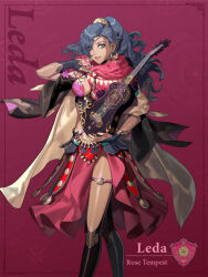  blue_eyes blue_hair breasts character_name circlet cloak commentary crescent crescent_earrings dark-skinned_female dark_skin earrings english_commentary english_text female fire_emblem fire_emblem:_fortune's_weave french_text full_body gold_choker gold_earrings high_ponytail highres hood hooded_cloak jewelry kurahana_chinatsu leda_(fire_emblem) looking_at_viewer medium_breasts official_art ponytail red_cloak simple_background solo stomach wavy_hair white_background 