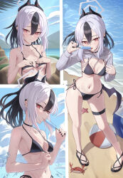  absurdres ball beach beachball bikini black_bikini black_choker black_hair black_horns black_nails black_sandals blue_archive breasts choker cleavage collarbone commentary cropped_hoodie cross-laced_sandals demon_horns demon_wings ear_piercing earclip female flip-flops food full_body grey_halo grey_hoodie hair_between_eyes halo hands_on_own_chest highres holding holding_food holding_popsicle hood hoodie horns huran_tea kayoko_(blue_archive) light_blush long_hair long_sleeves looking_at_viewer medium_breasts mole mole_on_collarbone multicolored_hair multiple_views navel ocean outdoors piercing ponytail popsicle red_eyes sandals single_wing sky starfish stomach sweatdrop swimsuit thigh_strap tongue tongue_out two-tone_hair untied_bikini_top upper_body white_hair wings 