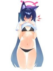  absurdres alternate_costume angry animal_ear_fluff animal_ears aqua_ribbon bikini black_bikini black_hair blue_archive blush breasts cat_ears cat_girl clothes_lift commentary cropped_legs female hair_ribbon halo highres long_hair looking_at_viewer lying navel on_stomach pink_eyes pink_halo ribbon rokun serika_(blue_archive) shirt shirt_lift short_sleeves shout_lines simple_background small_breasts solo swimsuit twintails very_long_hair white_background white_shirt 