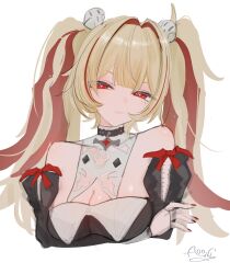  absurdres aooni_09 bare_shoulders blonde_hair breasts claret_flint closed_mouth collarbone commentary_request cropped_torso detached_sleeves female gem hair_intakes hair_ornament hair_ribbon highres large_breasts long_hair looking_at_viewer mole mole_under_eye red_eyes red_gem red_ribbon ribbon simple_background solo sphere_hair_ornament star-shaped_pupils star_(symbol) symbol-shaped_pupils twintails unfinished upper_body white_background zenless_zone_zero 