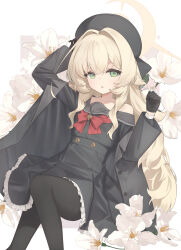  absurdres black_gloves black_hat black_jacket black_pantyhose black_sailor_collar black_shirt black_skirt blonde_hair blue_archive blush bow ciza_gomi commentary_request female flower fluffy_hair gloves green_eyes halo hat highres jacket long_hair looking_at_viewer open_clothes open_jacket open_mouth pantyhose professor_niyaniya_(blue_archive) red_bow sailor_collar shirt single_bare_shoulder skirt solo very_long_hair white_flower yellow_halo 