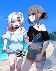  2girls :d arki_hrzoi bare_shoulders beach black_shirt blue_one-piece_swimsuit brown_shorts closed_mouth collarbone colored_inner_hair cowboy_shot crop_top crossed_bangs earrings flower g-string gradient_hair grey_hair hair_between_eyes hair_flower hair_ornament highres holding holding_swim_ring jewelry looking_at_viewer mahou_shoujo_no_majo_saiban midriff multicolored_hair multiple_girls nail_polish o-ring o-ring_thigh_strap ocean oerba_yun_fang off-shoulder_one-piece_swimsuit off-shoulder_shirt off_shoulder one-piece_swimsuit open_mouth outdoors panty_straps pink_eyes pink_hair red_eyes red_hair red_nails sakuraba_ema shirt shito_alisa shore short_hair shorts single_bare_shoulder skin_fang sky smile stitched_face stitches stomach swim_ring swimsuit thigh_strap thong translation_request white_flower white_hair x_hair_ornament 
