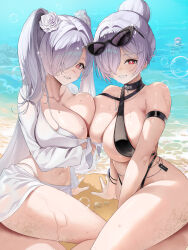  2girls absurdres arm_strap asymmetrical_docking bare_shoulders bikini black-framed_eyewear black_choker black_slingshot_swimsuit blush breast_press breasts bubble choker cinderella_(crystal_wave)_(nikke) cinderella_(nikke) cleavage commentary dual_persona eyewear_on_head flower full_cleavage goddess_of_victory:_nikke grey_sarong grin hair_bun hair_flower hair_ornament hair_over_one_eye highres large_breasts long_hair long_sleeves looking_at_viewer multiple_girls navel official_alternate_costume onedo open_mouth outdoors penguin_squad_(nikke) red_eyes sand_on_skin sarong shirt slingshot_swimsuit smile stomach sunglasses swimsuit teeth twintails wet white_bikini white_hair white_sarong white_shirt wrist_flower 