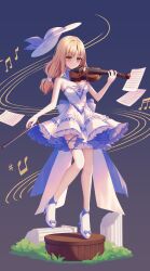  absurdres alternate_costume back_bow blonde_hair bow bow_(music) breasts chinese_commentary cleavage closed_mouth commentary_request dress female frilled_dress frills full_body hat hat_ribbon high_heels highres holding holding_bow_(music) holding_instrument holding_violin instrument large_breasts long_hair louise_(touhou) mechrailgun musical_note pages pantyhose purple_bow purple_dress purple_ribbon purple_shoes ribbon shoes smile solo thighhighs touhou touhou_(pc-98) two-tone_dress violin white_bow white_dress white_hat white_pantyhose white_thighhighs yellow_eyes 