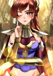  ;) arm_across_waist armor bo_(774berry) breasts brown_eyes cape clenched_hand commentary_request earrings elbow_on_arm female finger_to_cheek fire_emblem fire_emblem:_fortune's_weave hand_up highres hoop_earrings jewelry light_smile medium_breasts midriff one_eye_closed pauldrons ponytail red_cape red_hair shoulder_armor smile solo ultand_(fire_emblem) upper_body 