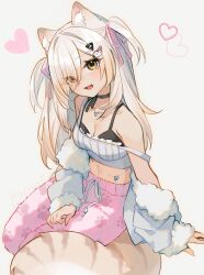  animal_ear_fluff animal_ears bare_shoulders belly_chain black_bra black_choker blonde_hair blush bow bow_choker bra breasts cat_ears cat_girl cat_tail choker crop_top cweamcat dog_hair_ornament english_commentary female fur_trim hair_ornament hair_over_one_eye hair_ribbon hairclip head_tilt heart highres hyanna-natsu indie_virtual_youtuber jacket jewelry looking_at_viewer midriff navel oerba_yun_fang off_shoulder open_clothes open_jacket open_mouth pants paw_print paw_print_pattern peanuts_(comic) pink_pants ribbon ribbon_choker second-party_source shirt signature simple_background sleeveless sleeveless_shirt snoopy solo sweatpants tail thick_tail two_side_up underwear virtual_youtuber white_background white_hair white_jacket white_shirt yellow_eyes 