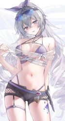  alternate_costume bikini black_shorts blush breasts commentary_request crop_top crossed_bangs drill_hair eyewear_on_head female grey_eyes grey_hair highres honkai:_star_rail honkai_(series) long_hair looking_at_viewer medium_breasts navel open_mouth ponytail purple-tinted_eyewear purple_bikini raiya_atelier shorts silver_wolf_(honkai:_star_rail) solo stomach sweat swimsuit tinted_eyewear twin_drills white_background 