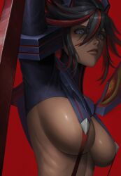  arm_up black_hair blue_eyes breasts commentary_request eyelashes female from_side hair_between_eyes highres holding holding_sword holding_weapon kill_la_kill large_breasts lips looking_at_viewer looking_down matoi_ryuuko messy_hair multicolored_hair nose parted_lips red_background red_hair revealing_clothes ribs scissor_blade_(kill_la_kill) senketsu shiny_skin short_hair sidelocks simple_background solo suspenders susudango sword teeth two-tone_hair underboob weapon 