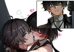  2boys black_gloves black_hair blush caelus_(honkai:_star_rail) closed_eyes commentary commission crossover dual_persona english_commentary female female_rover_(wuthering_waves) gloves grey_hair heart highres honkai:_star_rail honkai_(series) kissing long_hair low_ponytail male_rover_(wuthering_waves) mini2chainz multiple_boys netorare parted_lips ponytail rover_(wuthering_waves) saliva shaded_face sideways_glance sweat trailblazer_(honkai:_star_rail) wuthering_waves yellow_eyes 